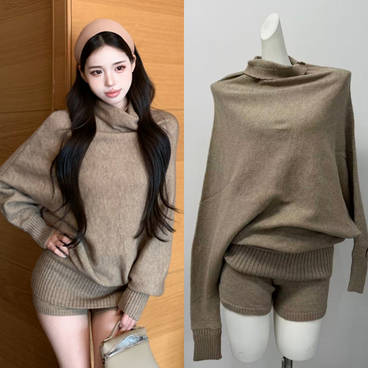 BETMASS新款羊毛驼色针织长袖褶皱宽松不规则毛衣设计感秋冬