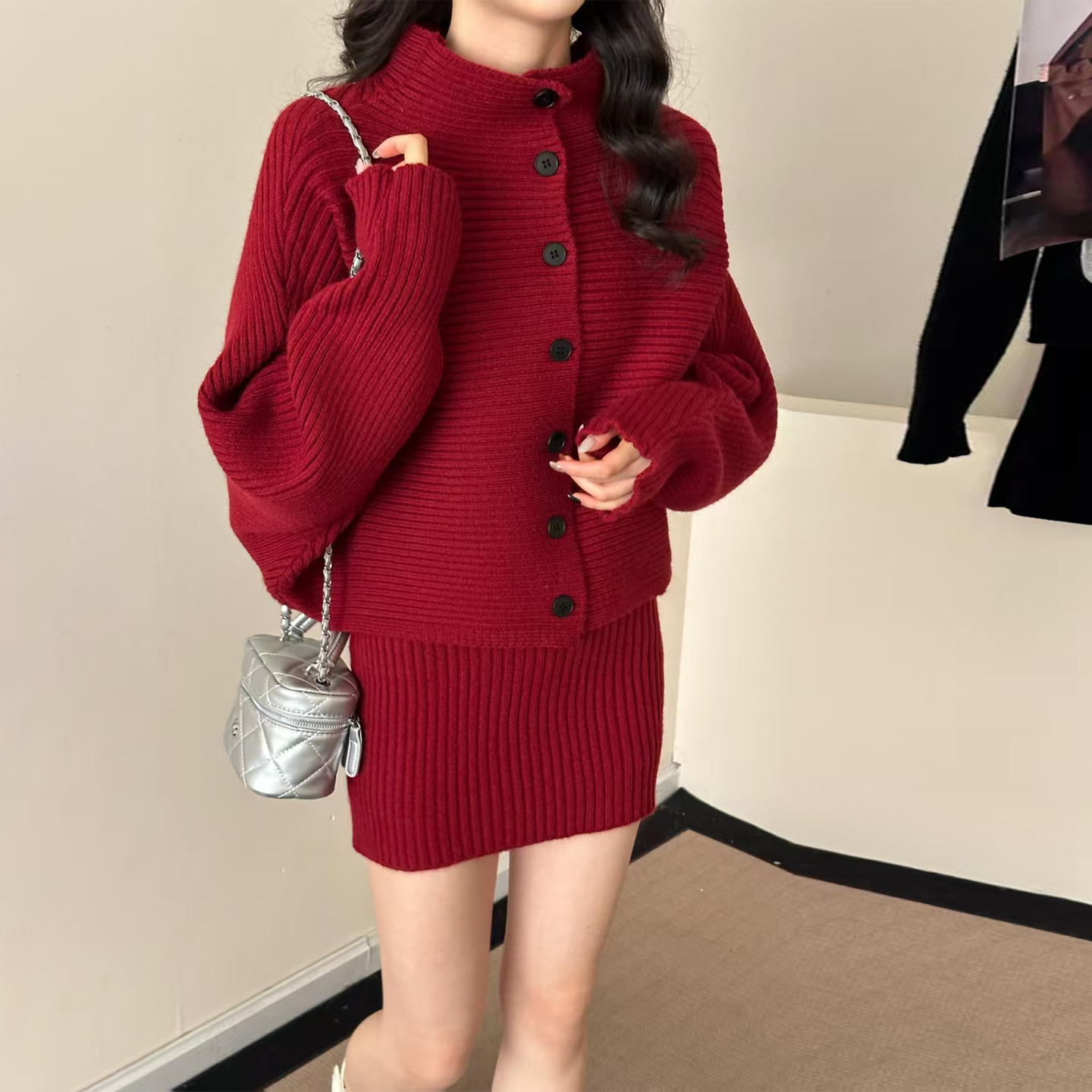 圣诞穿搭红色高领毛衣连衣裙子女秋冬季2025新款法式内搭套装短裙