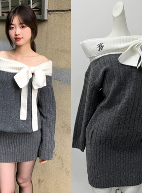 Moster Timnothy原创一字肩蝴蝶结厚款连衣裙氛围感针织长袖毛衣