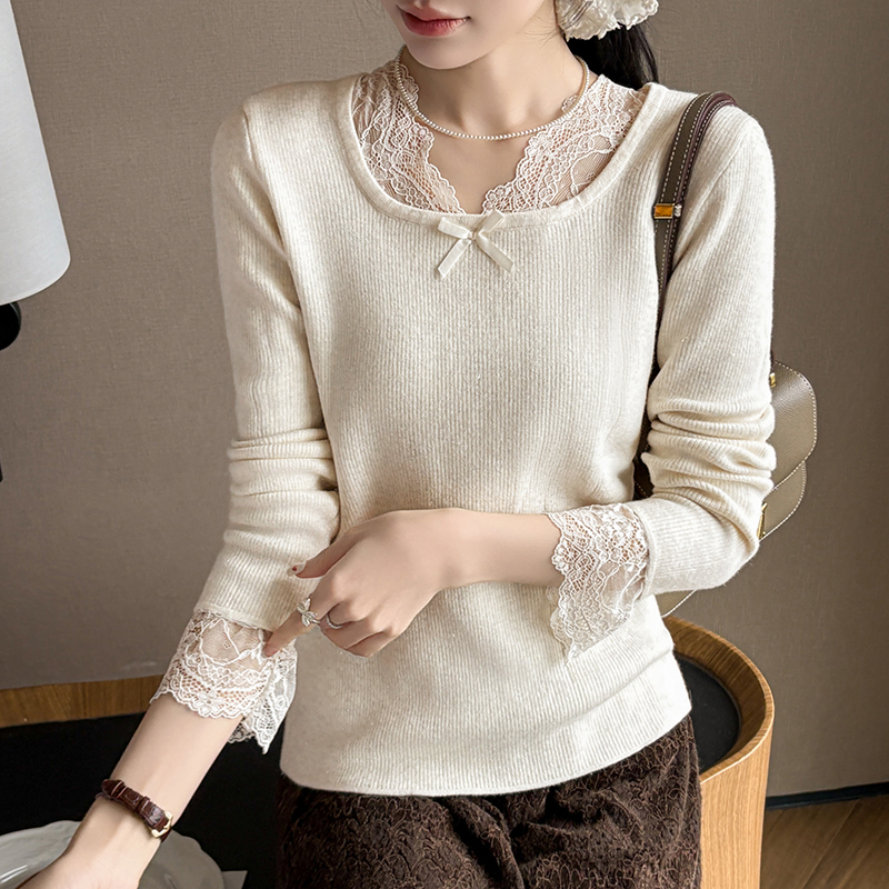 有货秋冬性感蕾丝边圆领加绒加厚打底针织衫女设计感长袖内搭上衣