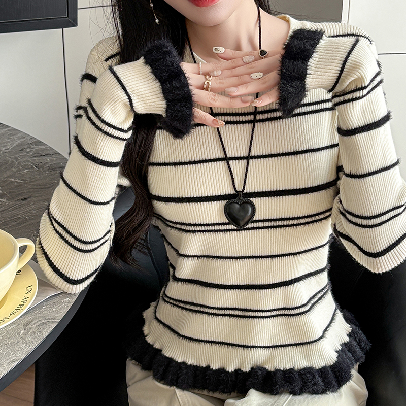 有货秋冬毛衣圆领套头毛绒木耳边针织衫女加厚条纹打底衫内搭外穿