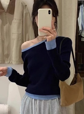 一字领藏蓝色斜肩型长袖针织t恤女春秋季独特别致内搭打底衫上衣