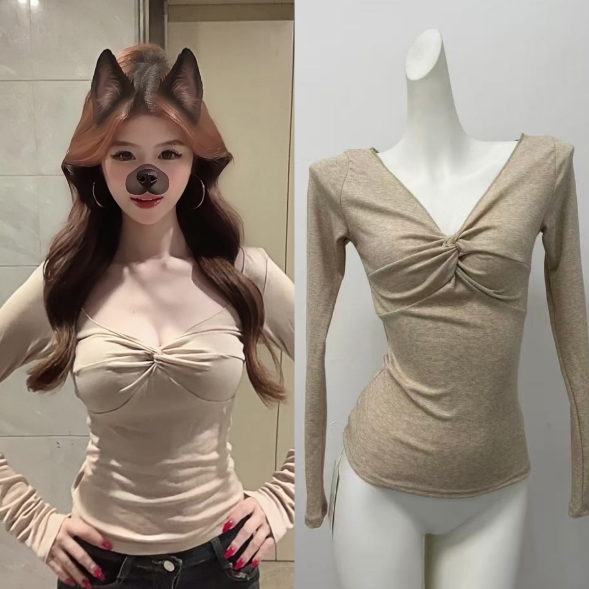 sheepland天使肌肤 天丝羊毛v领扭结长袖t恤女秋冬内搭上衣打底衫