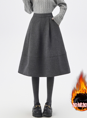 实拍灰色加厚毛呢花苞裙女秋冬季高腰加绒蓬蓬裙小个子a字中裙女