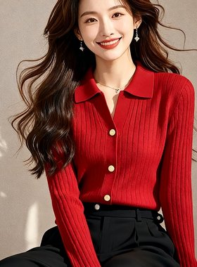韩系时尚气质红色翻领针织衫上衣女秋冬新款修身显瘦内搭打底毛衣