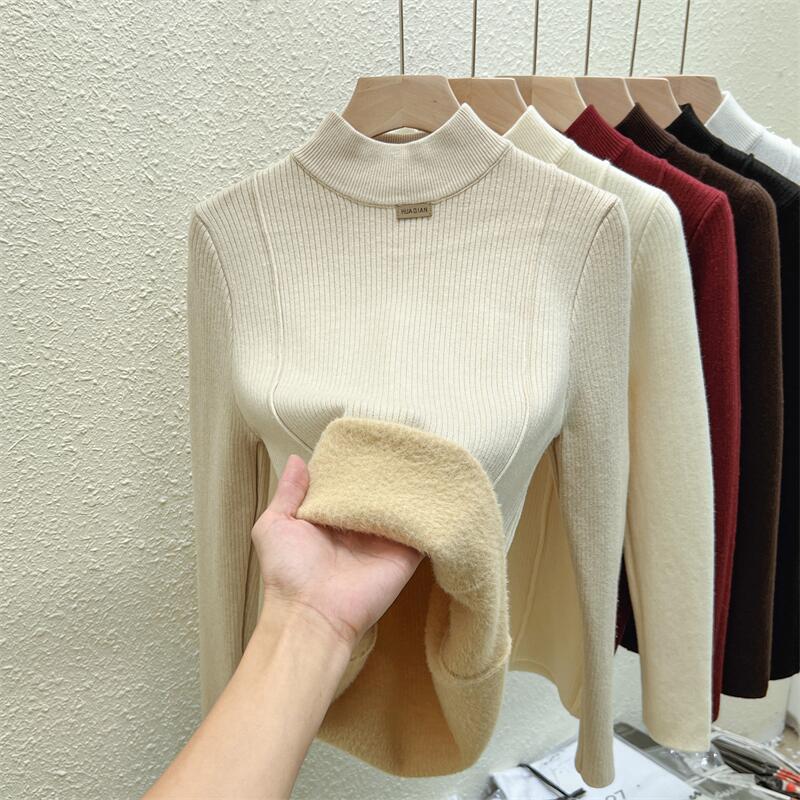 实拍加绒加厚毛衣女2025秋冬季新款半高领打底内搭一体绒针织衫