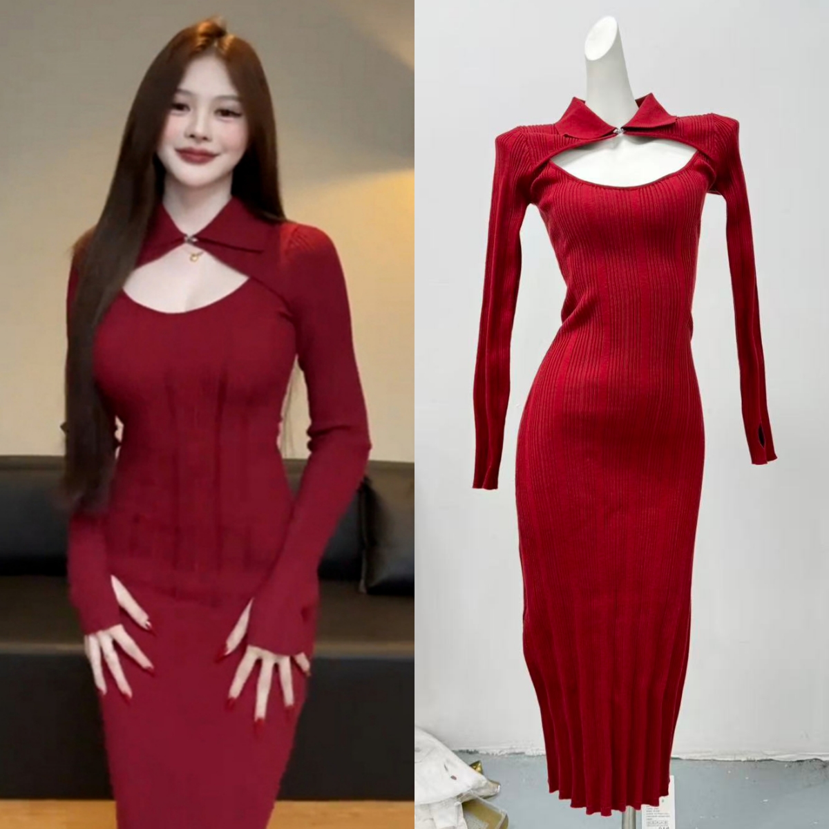 法式气质红色镂空针织连衣裙子女秋冬季2025新款修身收腰包臀长裙
