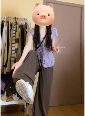 韩系巨好看穿搭一整套2026新款紫色碎花上衣女夏季阔腿裤两件套装