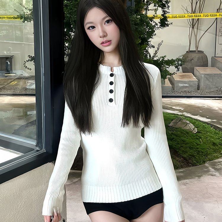 HEYABC 美式辣妹亨利领长袖针织衫女2025百搭休闲显瘦毛衣打底衫