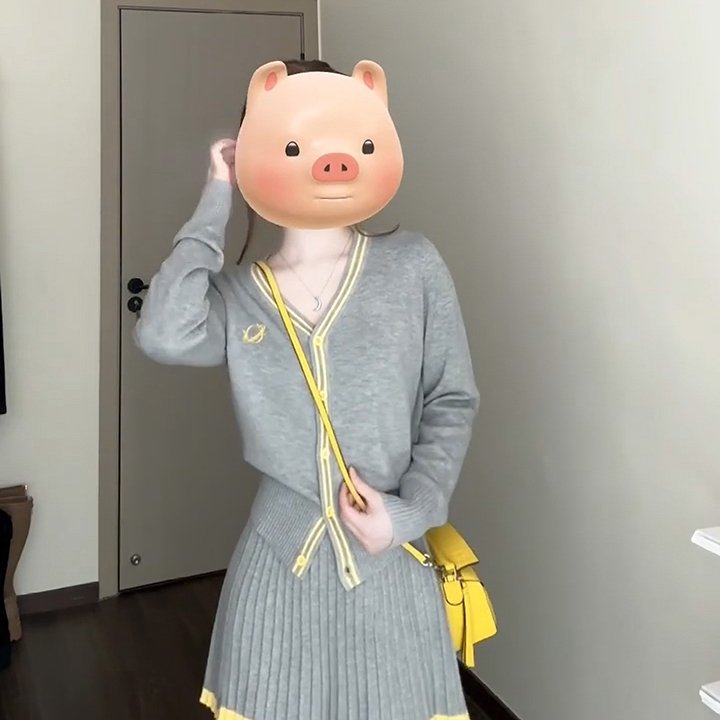 现货 灰色V领撞色针织开衫外套灰色针织百褶裙半身裙早秋两件套女