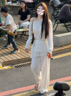 2026新款减龄斜肩上衣屁帘阔腿裤子套装女夏季韩系休闲防晒两件套