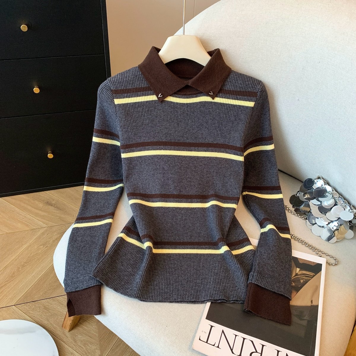 实拍韩系复古撞色条纹翻领针织衫女秋冬长袖袖口开叉时尚百搭上衣,女装/女士精品,毛针织衫,淘宝优惠券,粉丝福利购,淘宝优惠卷