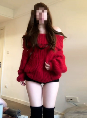 圣诞穿搭一字肩红色毛衣女秋冬2025新款慵懒高级感宽松针织厚上衣