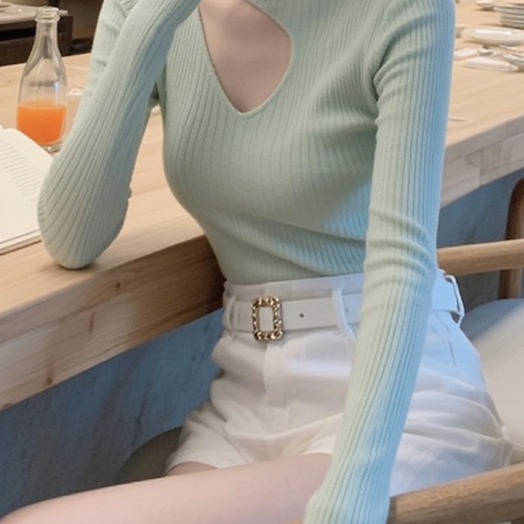 巨好看薄荷绿色镂空针织衫女2025秋季氛围感穿搭修身显瘦打底上衣