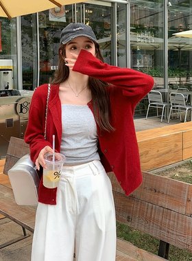 TT坏坏 红色针织小开衫女2025秋装新款修身显瘦薄款百搭简约上衣