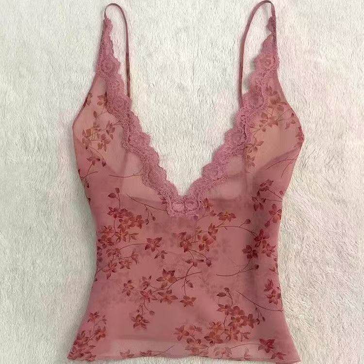 法式透视性感网纱v领吊带上衣花辣妹无袖修身蕾丝露打底外穿背心