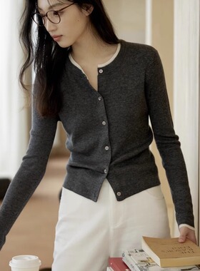 GINNKEE 简约通勤圆领撞色假两件羊毛灰色针织开衫女秋冬长袖上衣