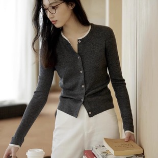 GINNKEE 简约通勤圆领撞色假两件羊毛灰色针织开衫女秋冬长袖上衣