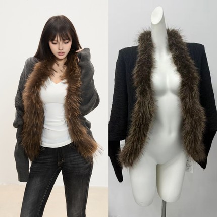 ANDYET AD毛领绞花针织外套复古蝙蝠袖宽松显瘦气质上衣慵懒开衫