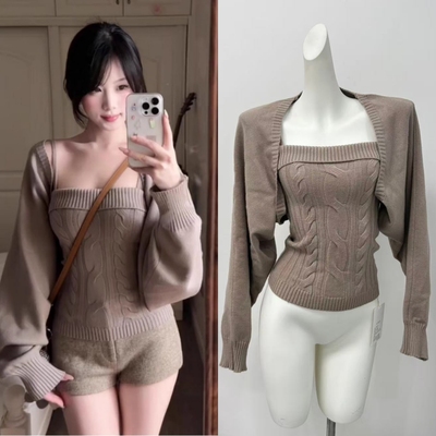 Fart Shop摩卡慕斯 灯笼袖绞花吊带背心开衫针织两件套