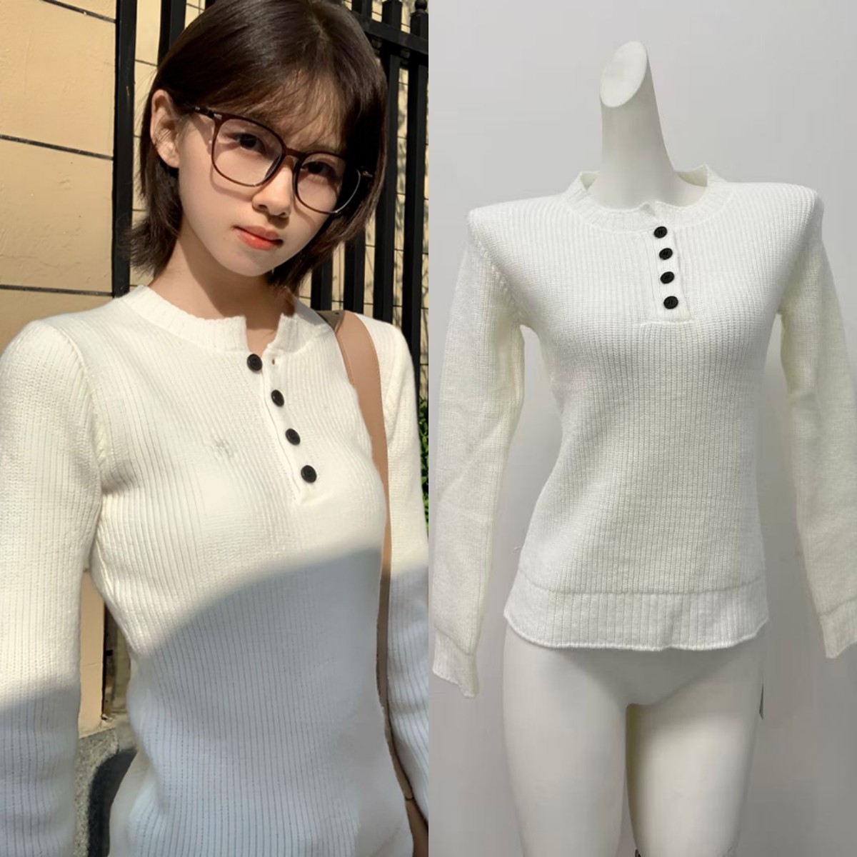 HEYABC 美式辣妹亨利领长袖针织衫女2025百搭休闲显瘦毛衣打底衫