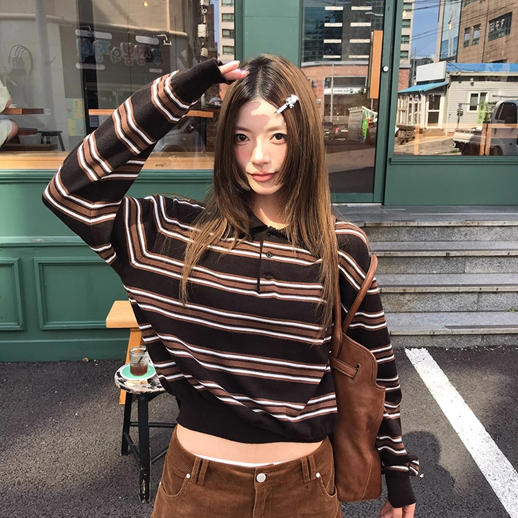 牙套大汪 格肉福女孩艺术生穿搭*POLO长袖针织色