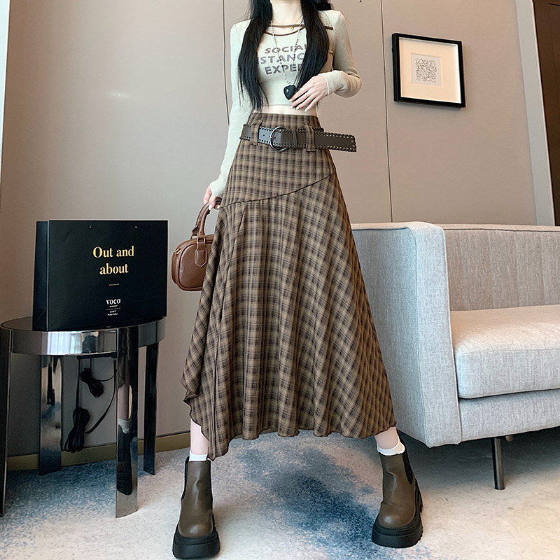 实拍2025新款韩系复古简约百搭不规则格子半身裙女宽松显瘦长裙