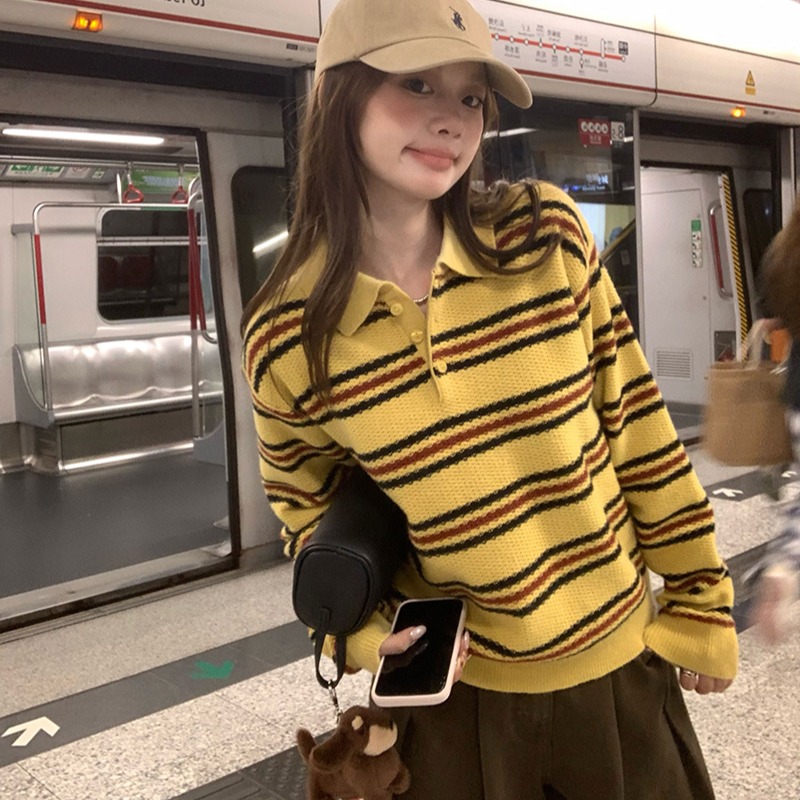 im向 时髦模范生’miu系百搭条纹上衣女秋季polo领套头针织衫
