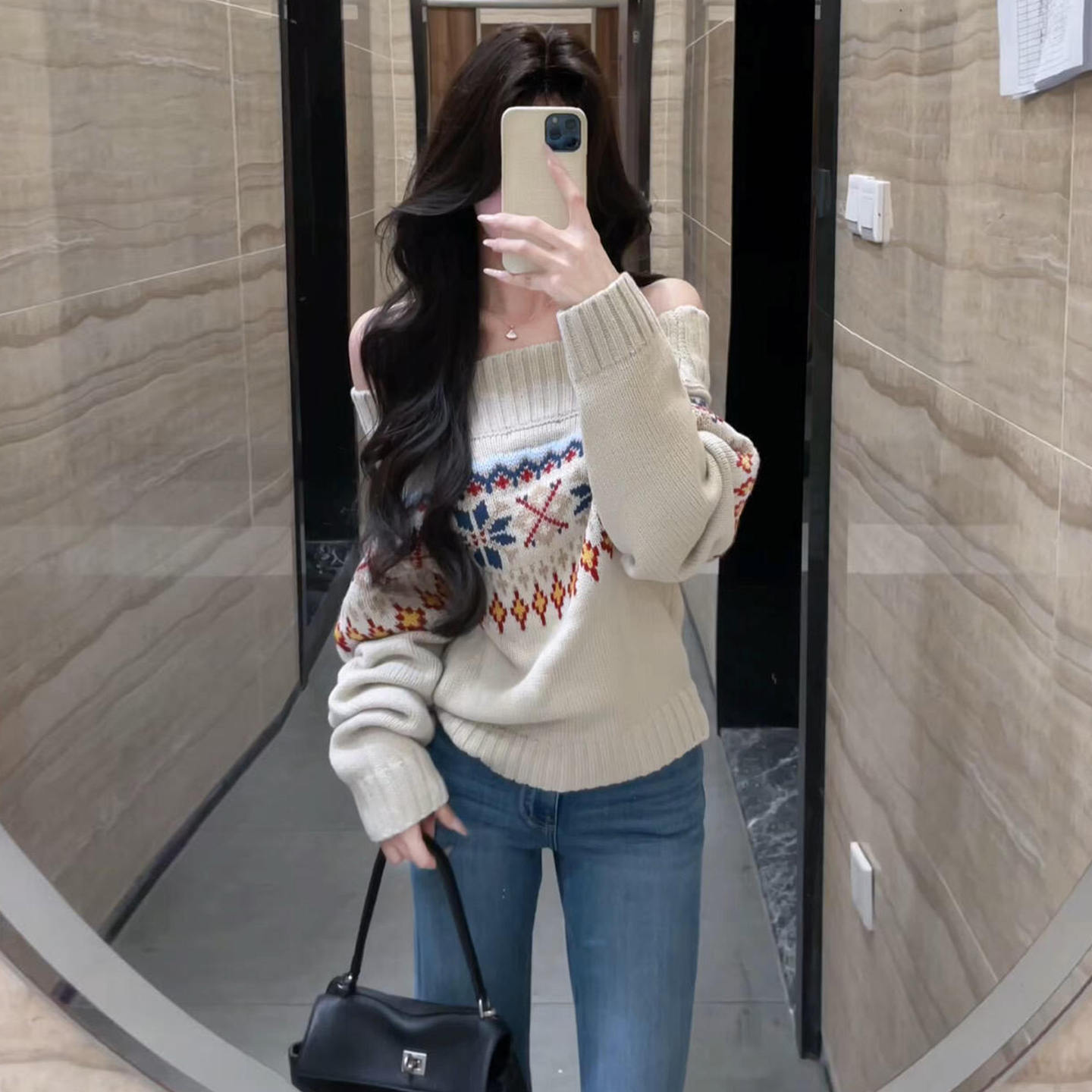 2025新款一字肩长袖针织衫费尔岛毛衣女款秋冬设计感修身显瘦上衣