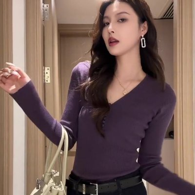 韩系紫色V领长袖针织衫女秋冬季毛衣纯欲气质修身内搭打底衫上衣