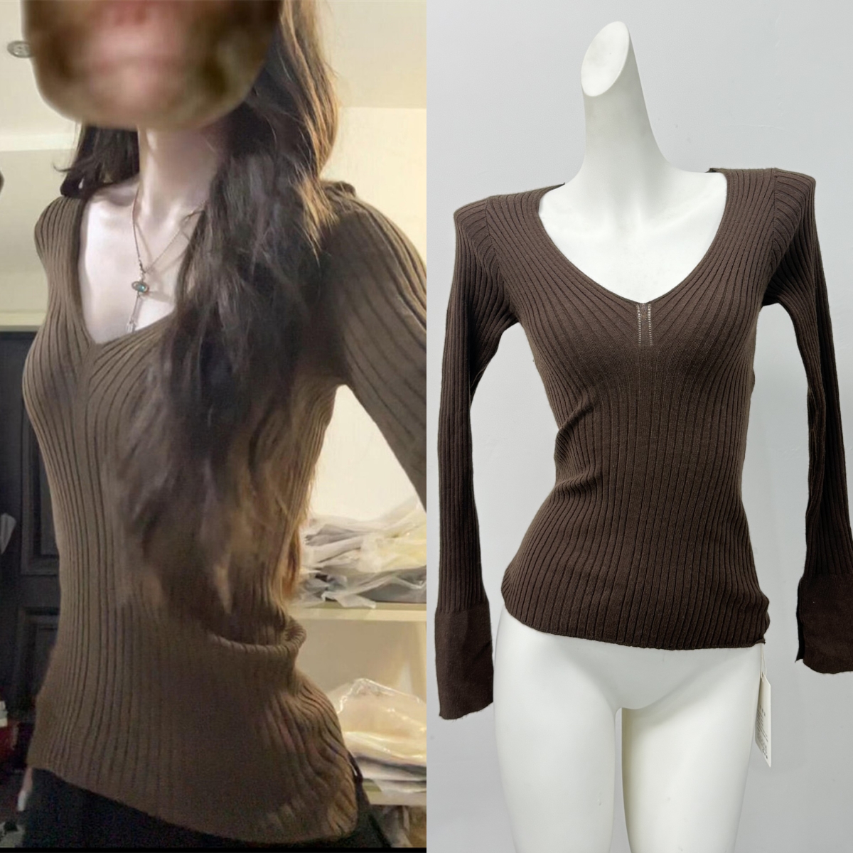 何晨曦 竖坑条V领纯色百搭针织衫修身显瘦秋季新款长袖内搭打底衫