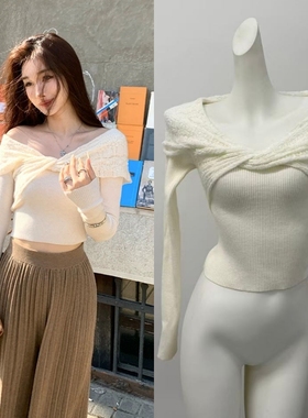 ACHI大也池羊毛白色露肩扭结镂空针织衫女气质修身一字肩毛衣上衣