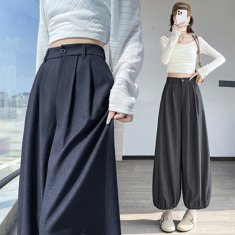 实拍深蓝色软牛仔裤女2025秋季高腰宽松西装休闲阔腿裤九分灯笼裤