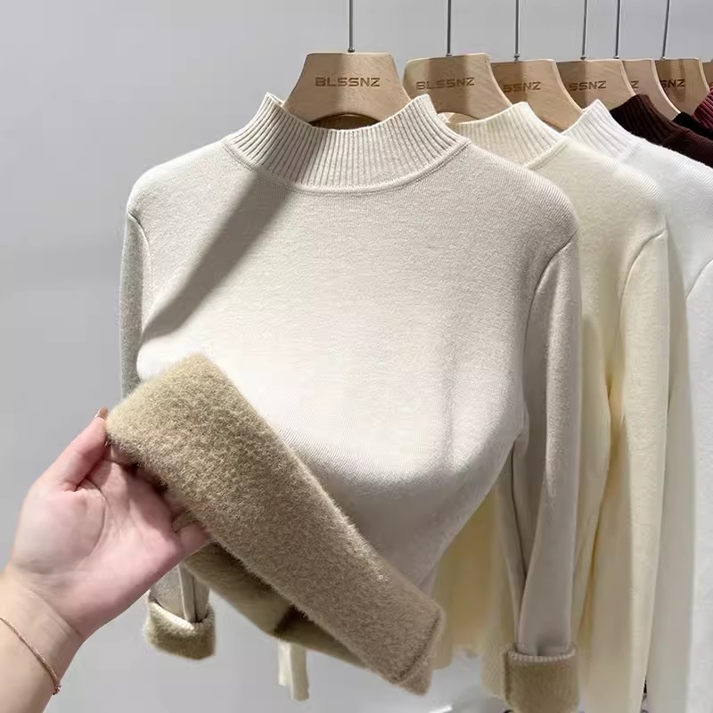一体水貂绒毛衣女秋冬2023年纯色保暖内搭加厚半高领加绒打底衫女