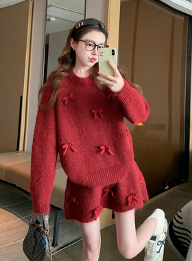 红色圣诞穿搭针织毛衣连衣裙子女2025新款秋冬季小香风套装高级感