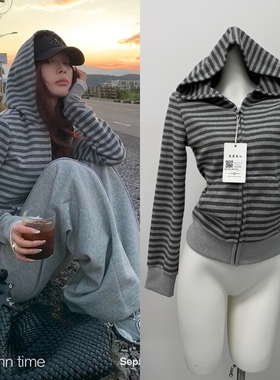 SUNONEONE 韩系秋季运动套装女灰色条纹卫衣休闲宽松卫裤一整套