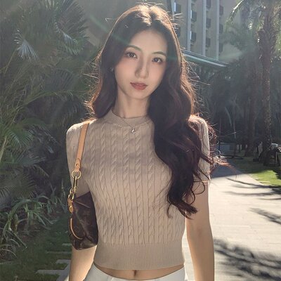 MULVAN 百搭叙事 全棉麻花短款上衣女经典圆领修身短袖薄针织衫