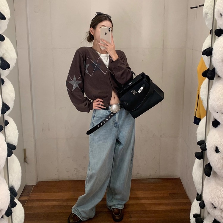 牙套大汪温柔星星复古菱形格毛织开衫