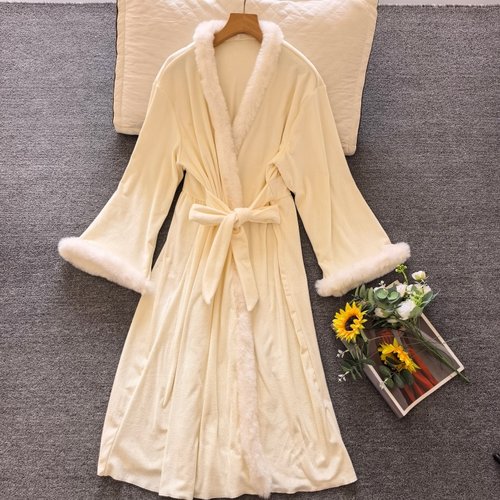 冬季法式海岛绒毛绒领收腰睡袍女