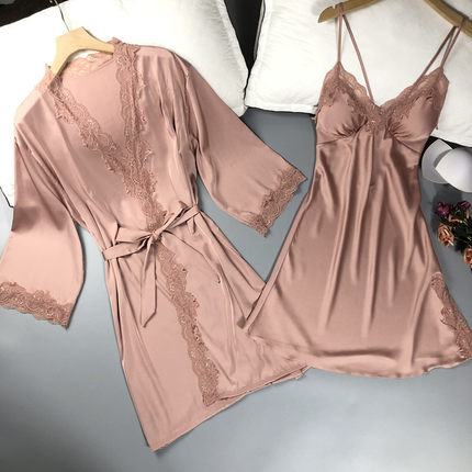 睡衣女夏性感带胸垫冰丝绸吊带睡裙纯欲蕾丝两件套薄款仿真丝晨袍