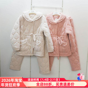 精雅正品8482126睡衣2024冬新款牛奶绒横纹厚夹棉女套装家居服