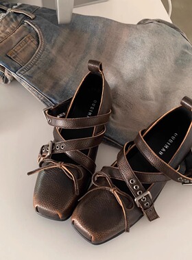 8.18日新品鞋大师2025夏季复古做旧擦色交叉带玛丽珍鞋平底单鞋