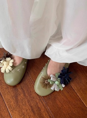 6.18日新品鞋大师2025夏季diy小花朵拼色真皮浅口平底鞋小单鞋女
