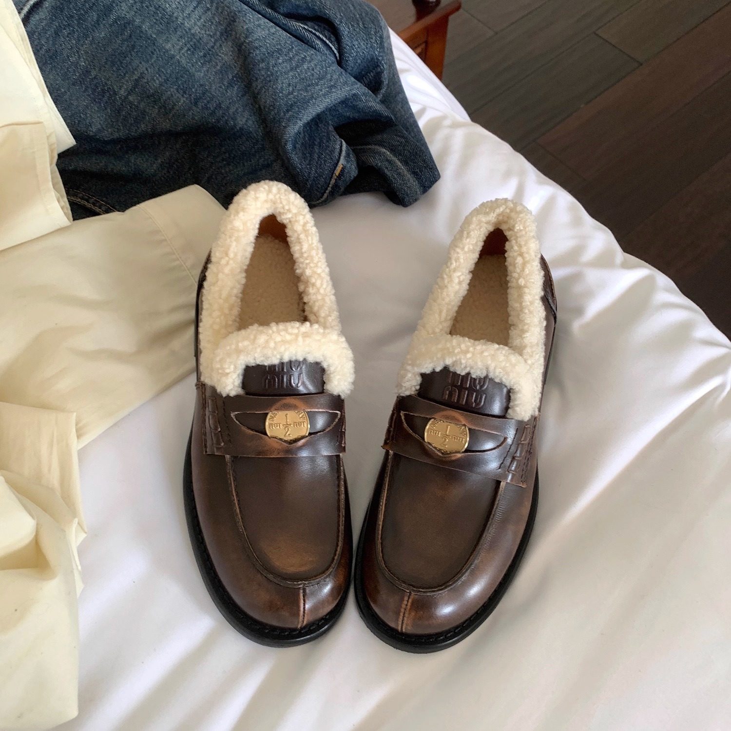 10.28日鞋大师2025冬季金币复古手工擦色乐福鞋英伦毛毛小皮鞋女,女鞋,乐福鞋（豆豆鞋）,淘宝优惠券,粉丝福利购,淘宝优惠卷