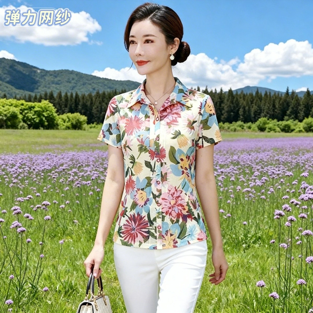 时尚中年妈妈春秋夏装2026新款长袖速干网纱衬衫50洋气女装上衣薄