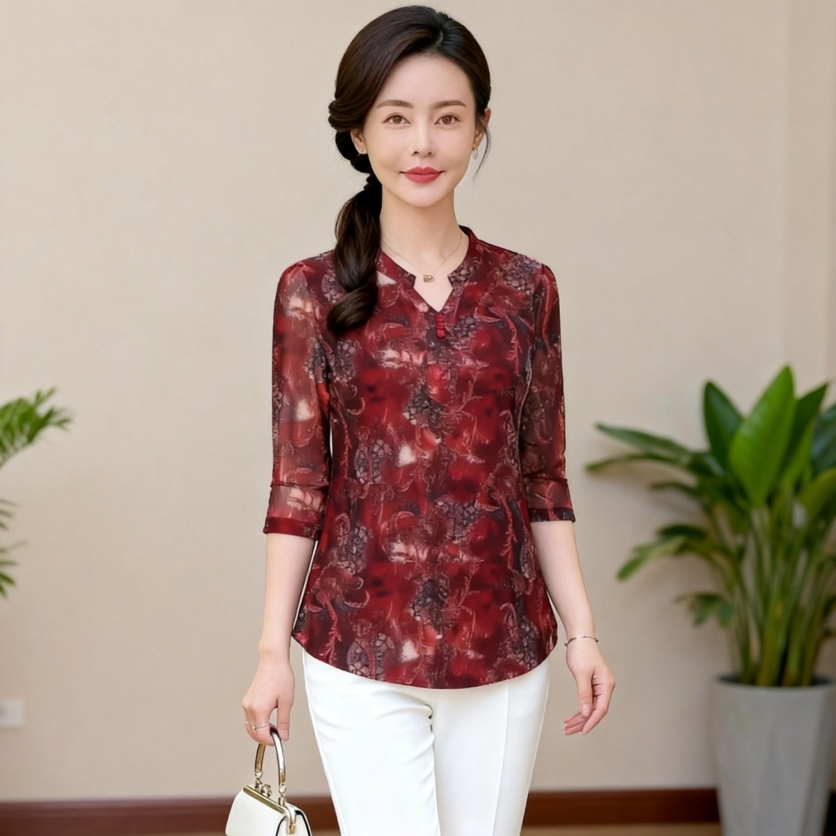 中老年女装七分袖中长T恤妈妈装春夏新款台湾网纱丝小衫上衣显瘦