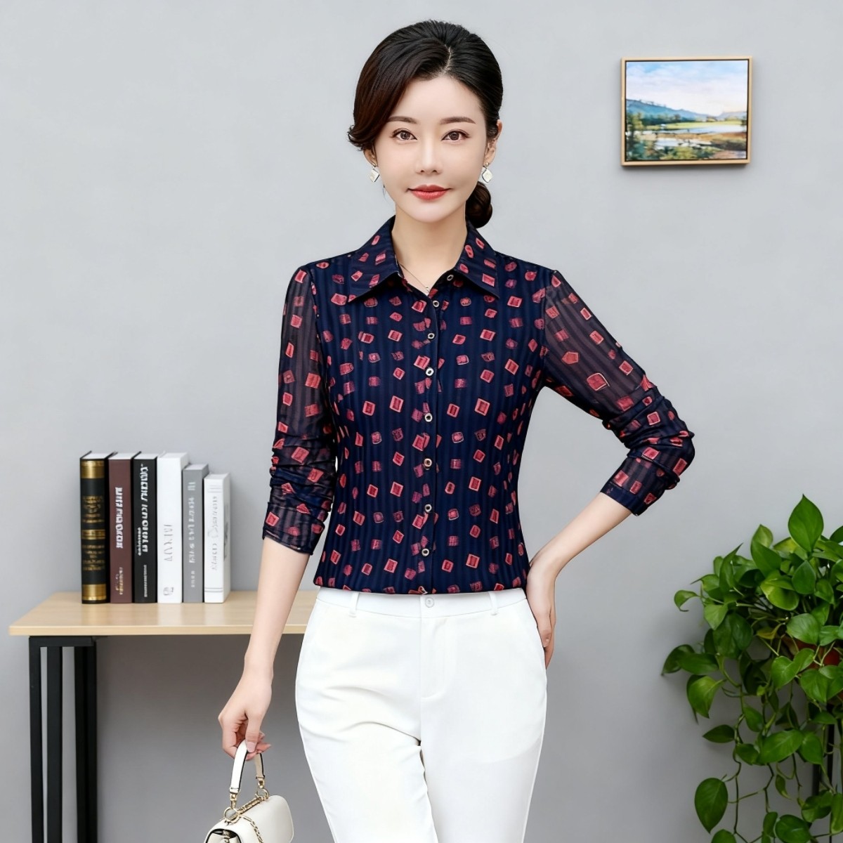 时尚中年妈妈春秋夏装2025新款长袖速干台湾纱衬衫洋气女装上衣薄,女装/女士精品,中老年女装,淘宝优惠券,粉丝福利购,淘宝优惠卷