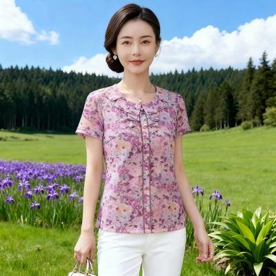 夏装网纱荷叶边速干妈妈T恤