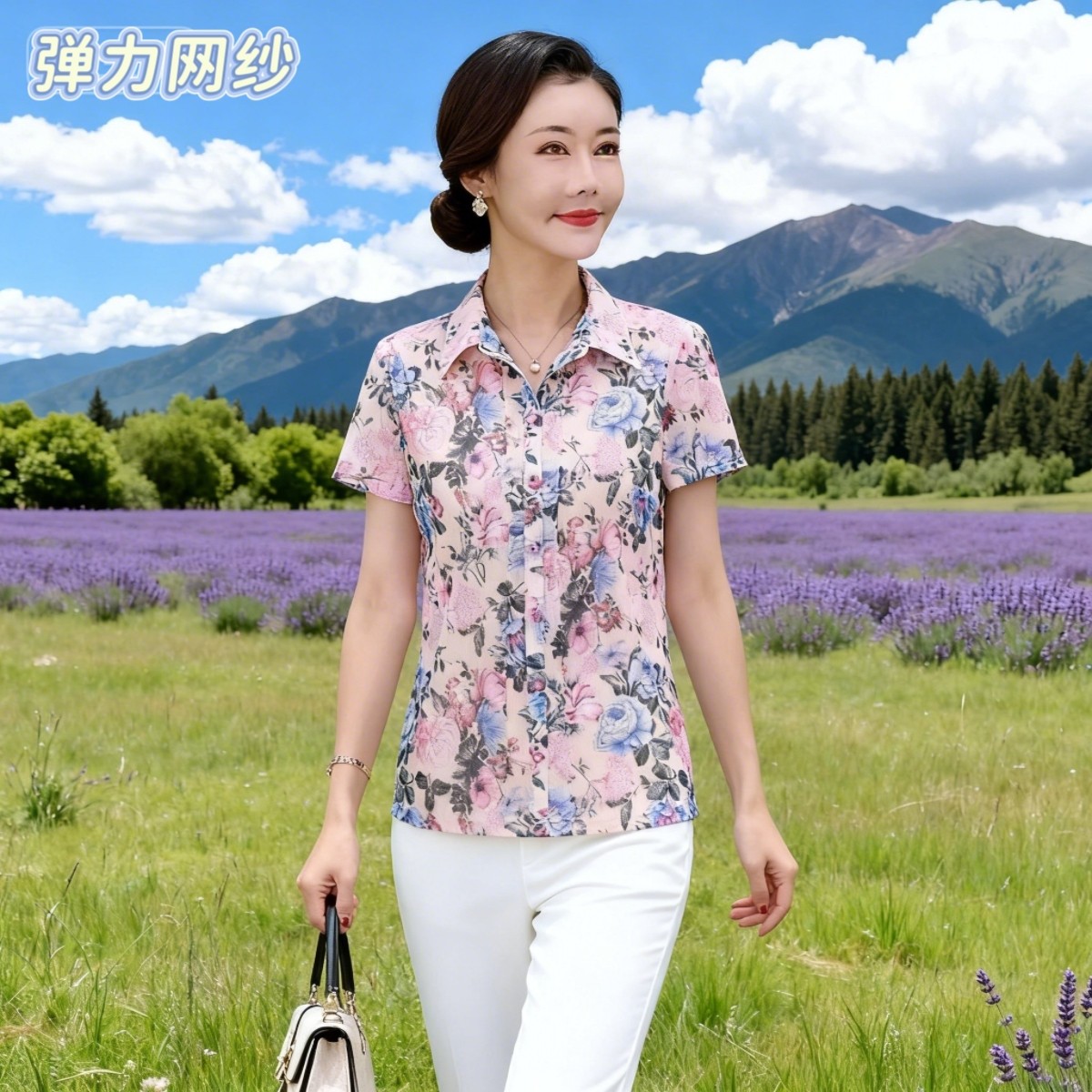 新款时尚中年洋气女装50妈妈夏装上衣薄短袖速干透气网纱衬衫