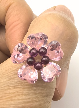 天然水晶石榴石+粉锆石戒指指环女款情侣款一物一图A33